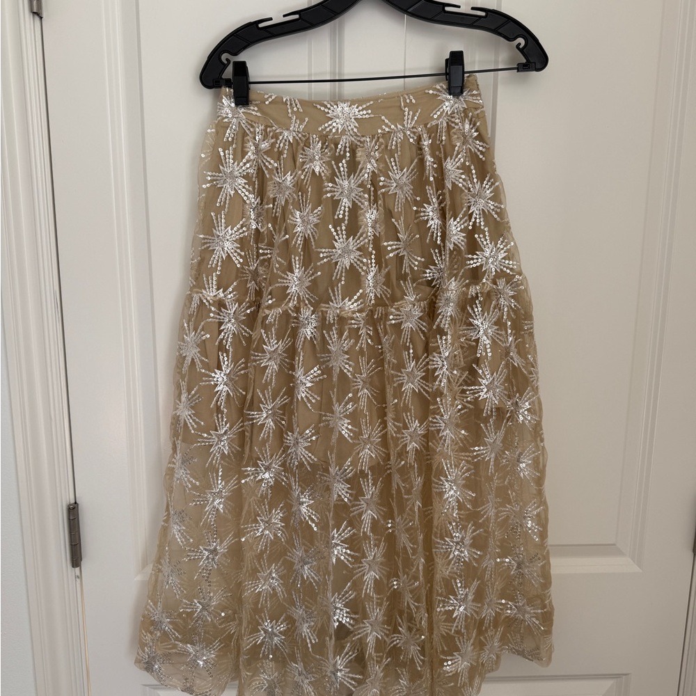 Maje Beige Tulle Midi Skirt with Silver Starburst Embroidery